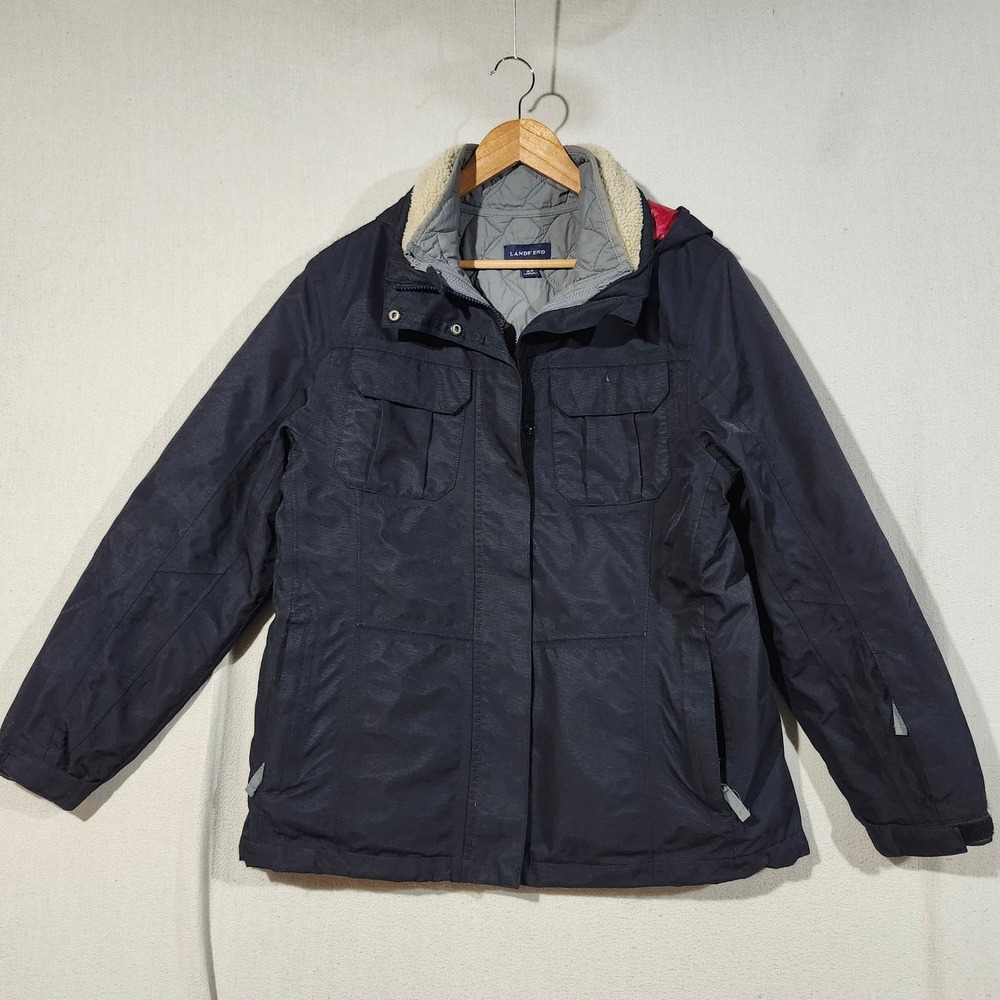 Lands End Mens M 10-12 Black Red 3-in-1 Squall System Jacket Quilted Liner Hood